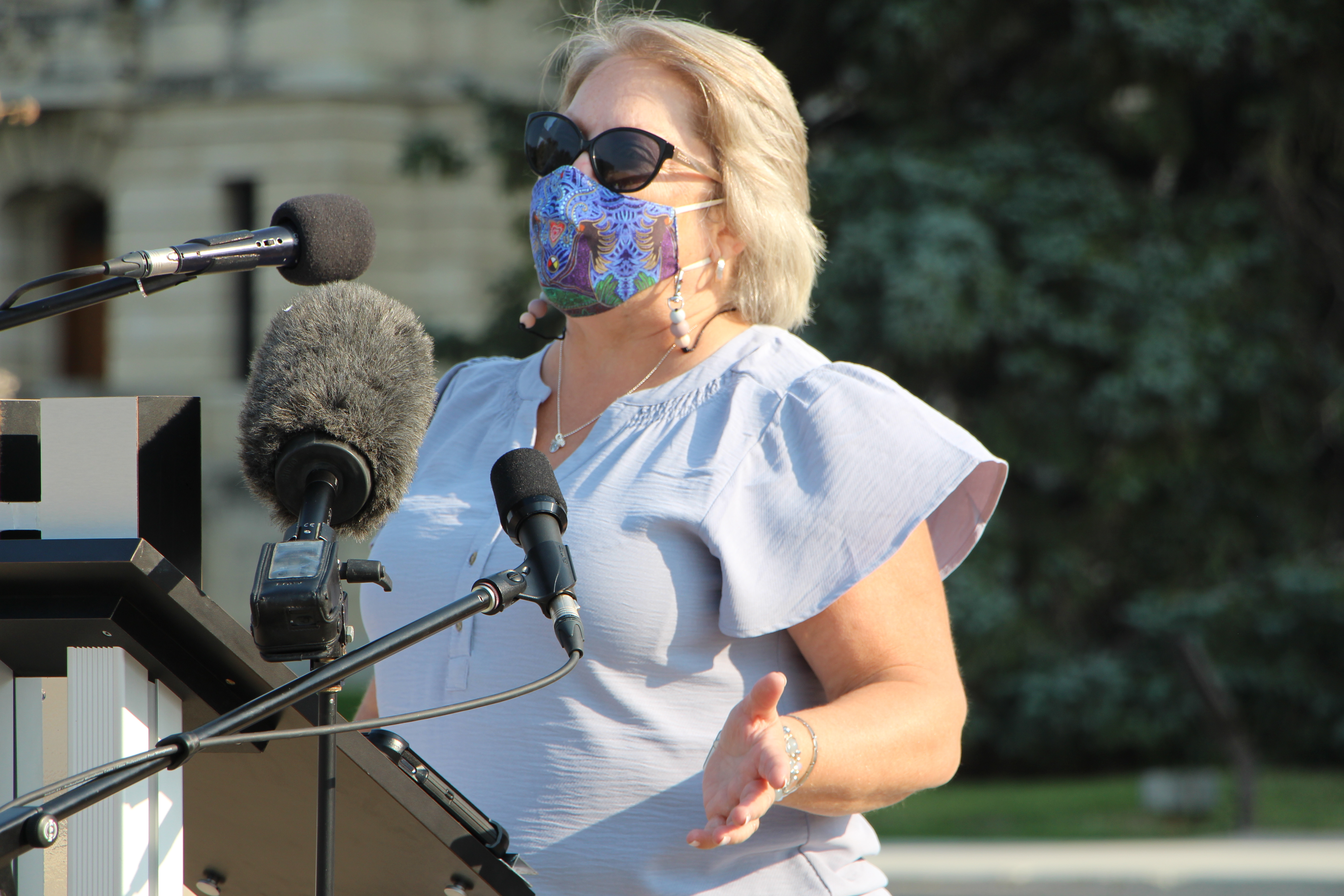 Saskatchewan Federation of Labour President Lori Johb speaks at a rally at the Legislature in September, 2021